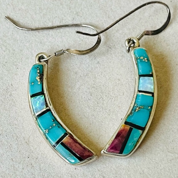 VTG Native American Earrings St Silver 925 Turquoise Opal Inlay Signed Marked - Picture 1 of 8